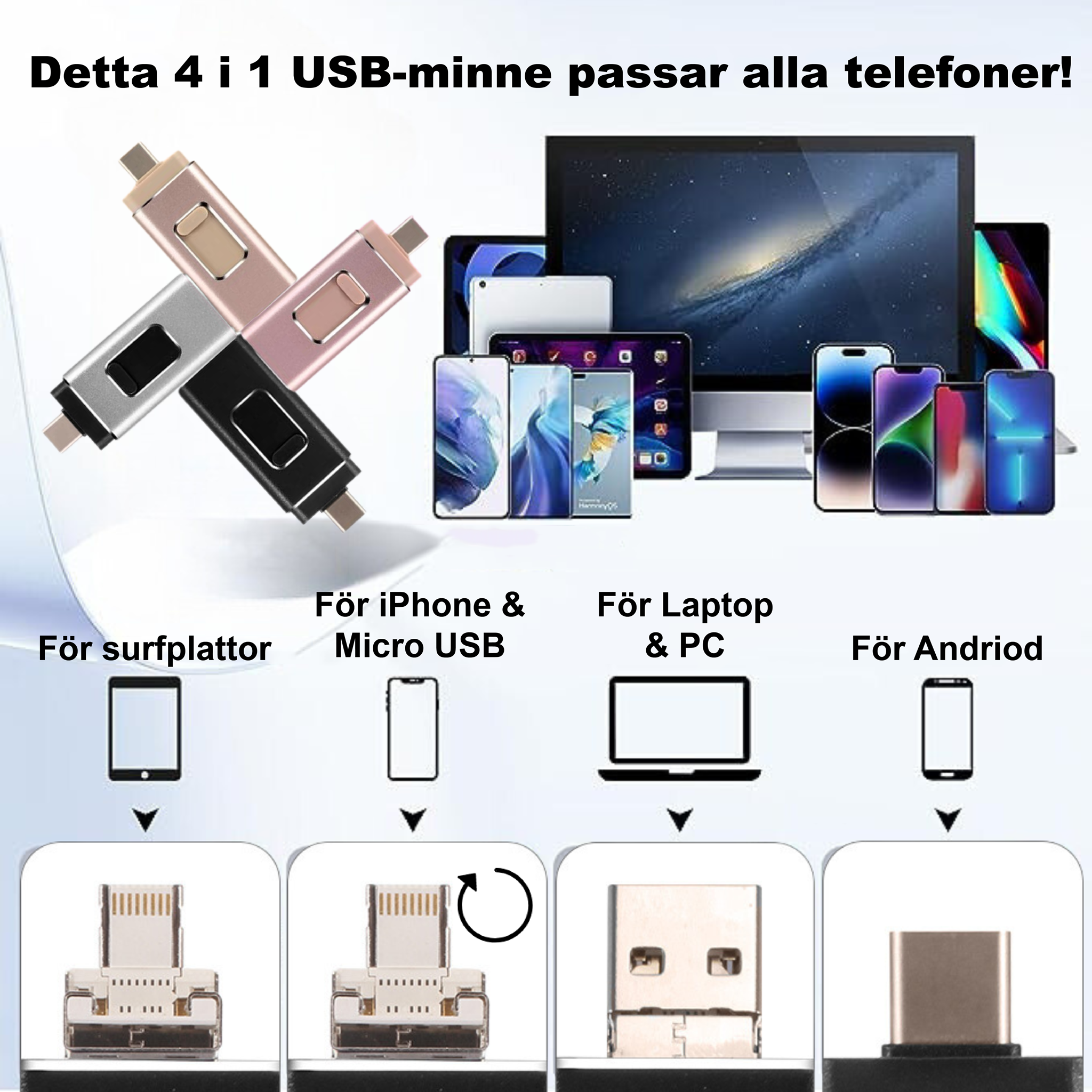 Få aldrig en full mobil igen med vårt 4 i 1 USB-minne.  Den passar alla enheter